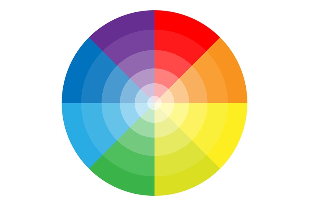a color wheel depicting all colors in spectrum. This includes primary, secondary, and teriarty colors. Red, orange, yellow, green, blue, purple .