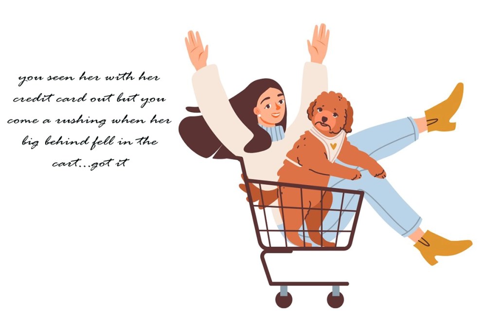 A woman pushing her cart with her dog