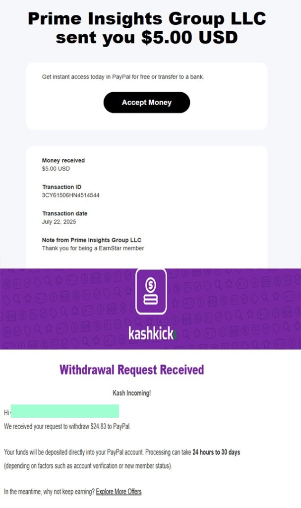 A graphic featuring proof of receiving payments from Earnstar and Kashkick
