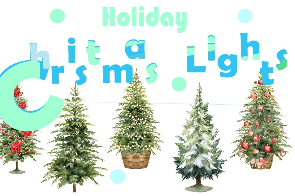 An illustration featuring 4 Christmas trees and text holiday christmas lights