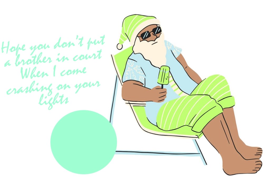 A graphic featuring Santa clause chilling in beach chair and popsicle