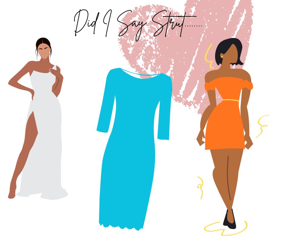 A graphic featuring 3 dresses women can wear for Valentine's Day, 2 long ones and one short one