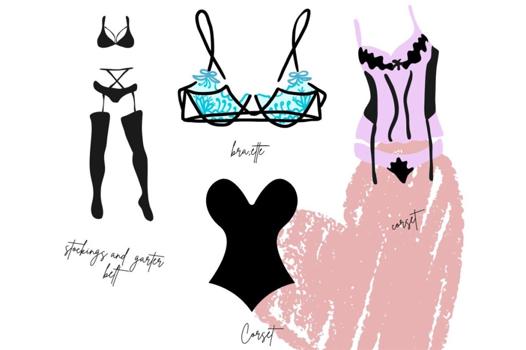 A graphic featuring women lingerie pieces for Valentine's Day, stockings and garter belt, bralette, 2 corsets