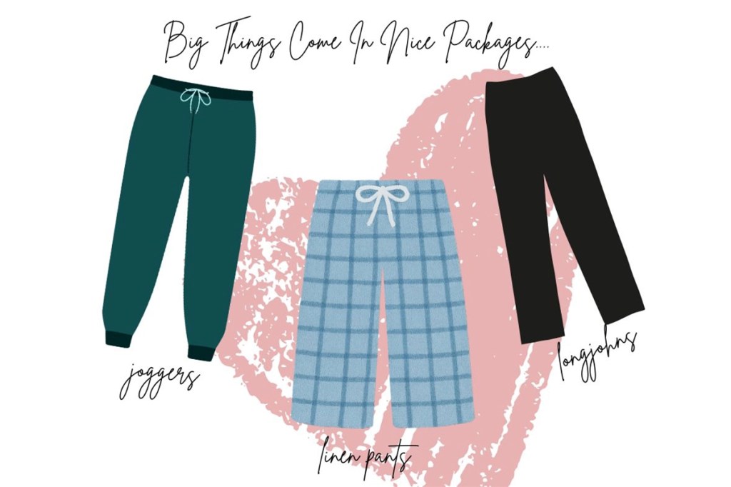 A graphic featuring three pair of pants men can wear in the bedroom, joggers, linen pants, and longjohns
