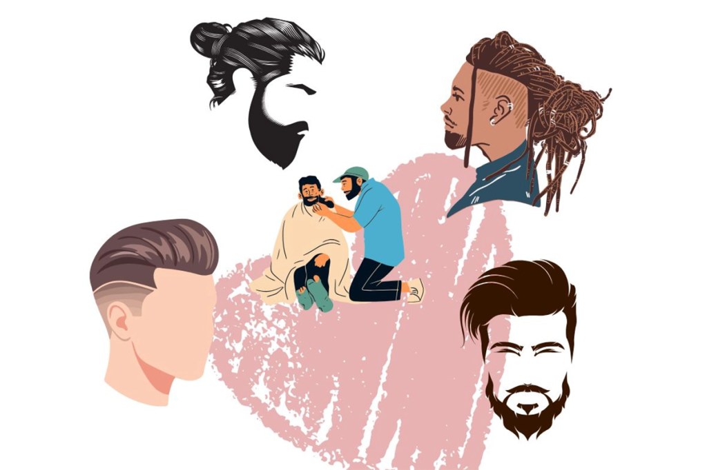 A graphic featuring four men in different hairstyles, plus a barber cutting a mans beard in barber shop