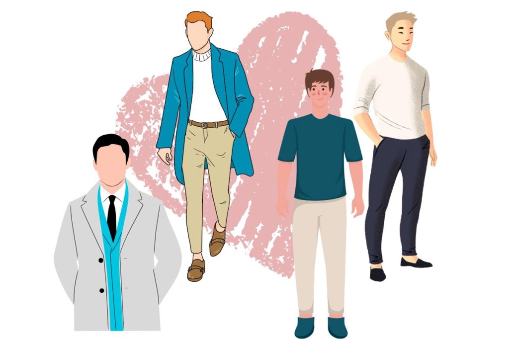 a graphic featuring 4 men wearing Valentines Day outfits, long coat and casual