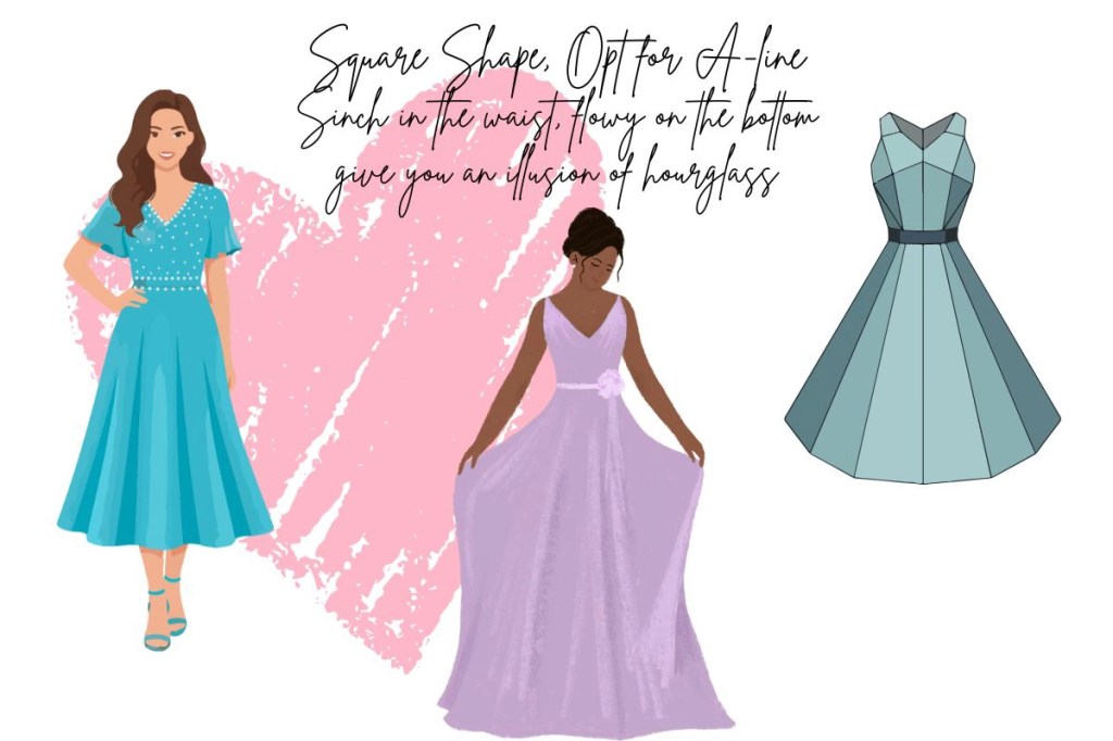 A graphic featuring 3 Valentine's Day Outfit Ideas For Women with square shape-3 A-line dresses