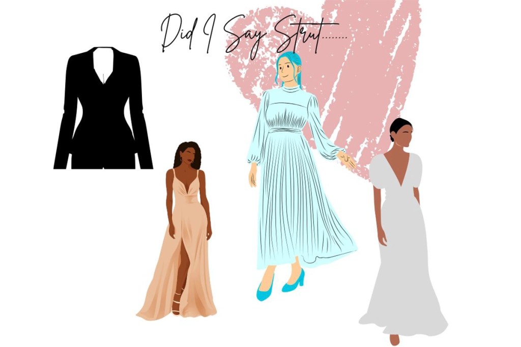 A graphic featuring 4 Valentine's Day outfits for women, includes long dresses and a pant suit