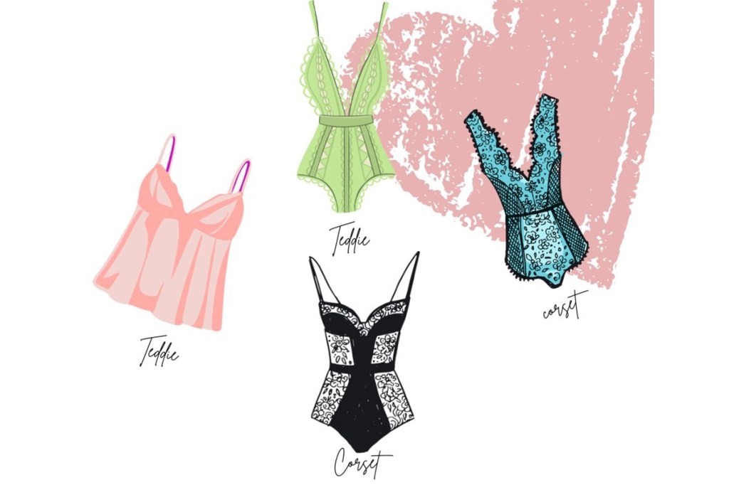 A graphic featuring lingerie options for women, 2 teddies and 2 corsets
