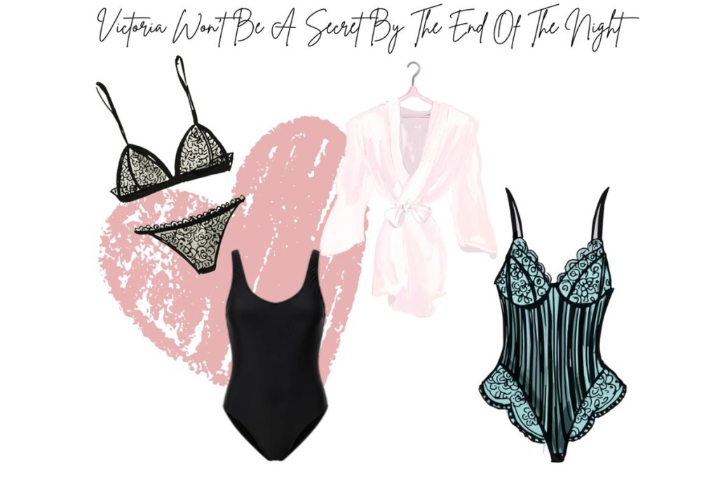 a graphic featuring 4 lingerie pieces, panties and matching underwear, bodysuit, robe and corset