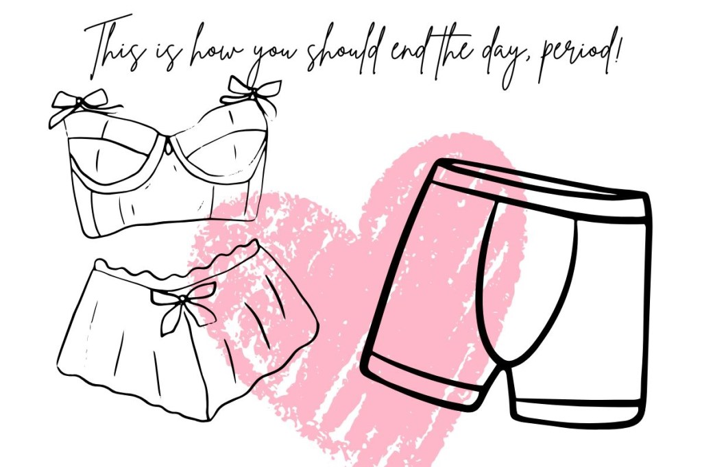 A graphic featuring teddy and brief undergarments for a woman and man