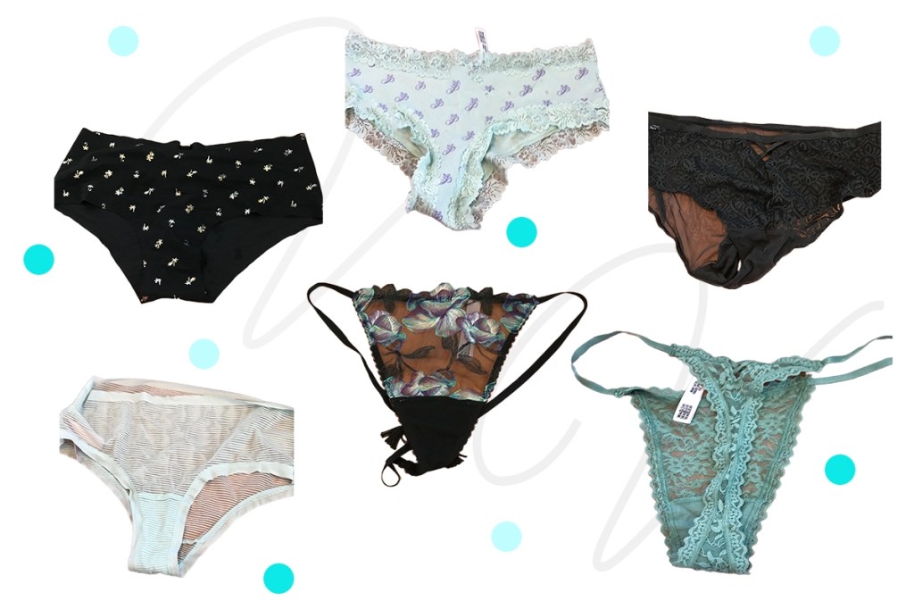 Graphic featuring Victoria Secret lingerie collection. Features 4 sets of cheeky/hipsters and 2 sets of thongs