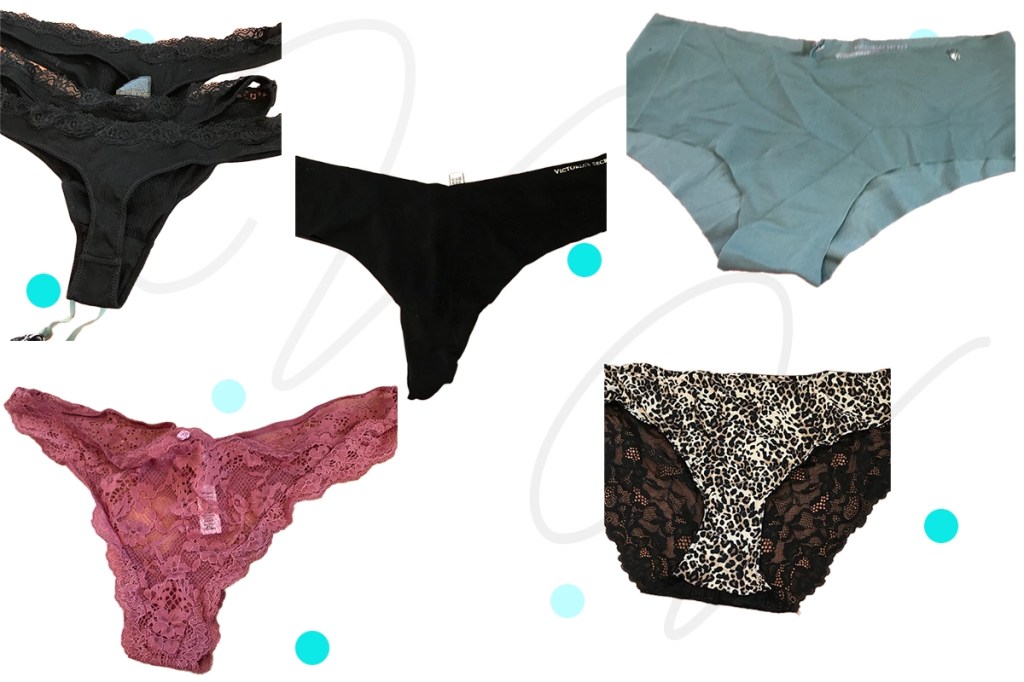 Graphic featuring Victoria Secret & H&M lingerie collection. Features 2 sets of cheeky/hipsters, 1 set of black cheeky/hipsters from H&M and 2 sets of high cut briefs