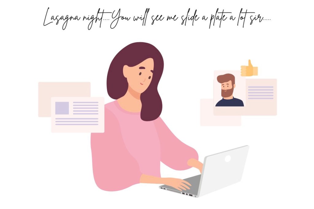 a woman talking on the laptop, talking to a man