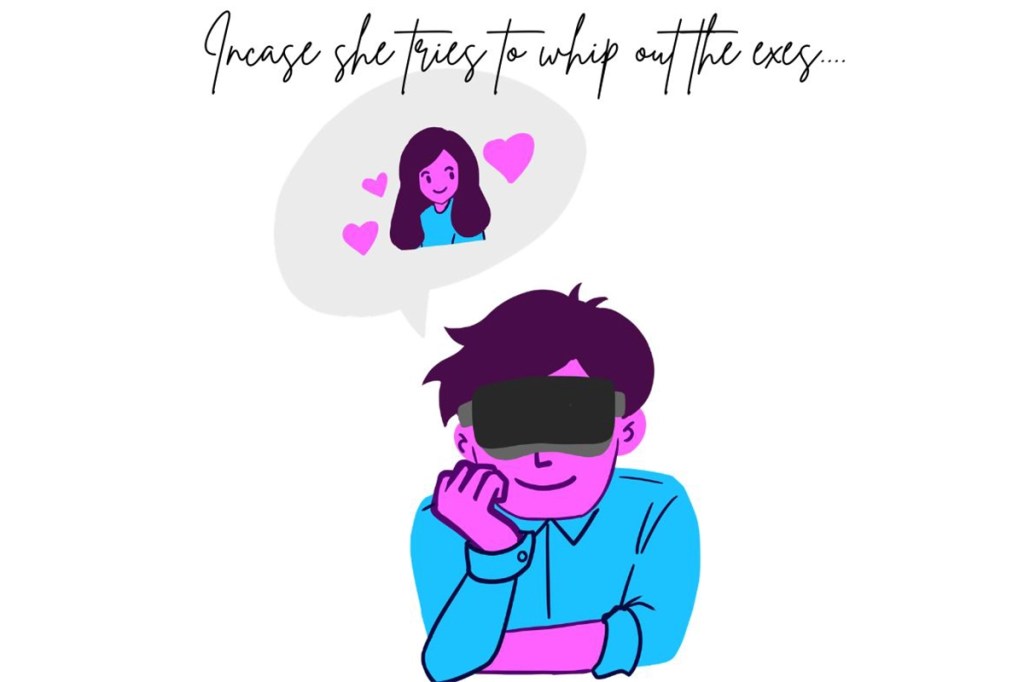 A man with a sleeping mask/blindfold on thinking about a woman love interest