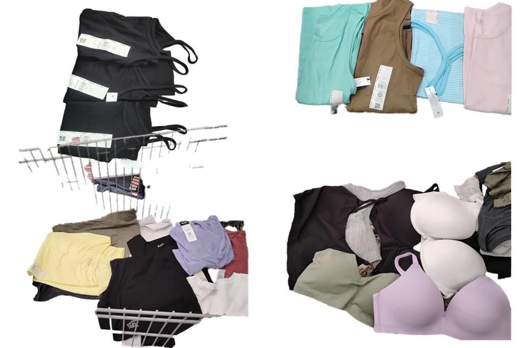 display of walmart tshirts, bras