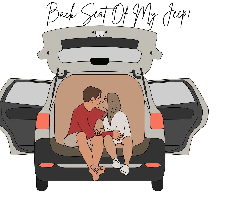 A young man sitting next to a young woman of an open back trunk